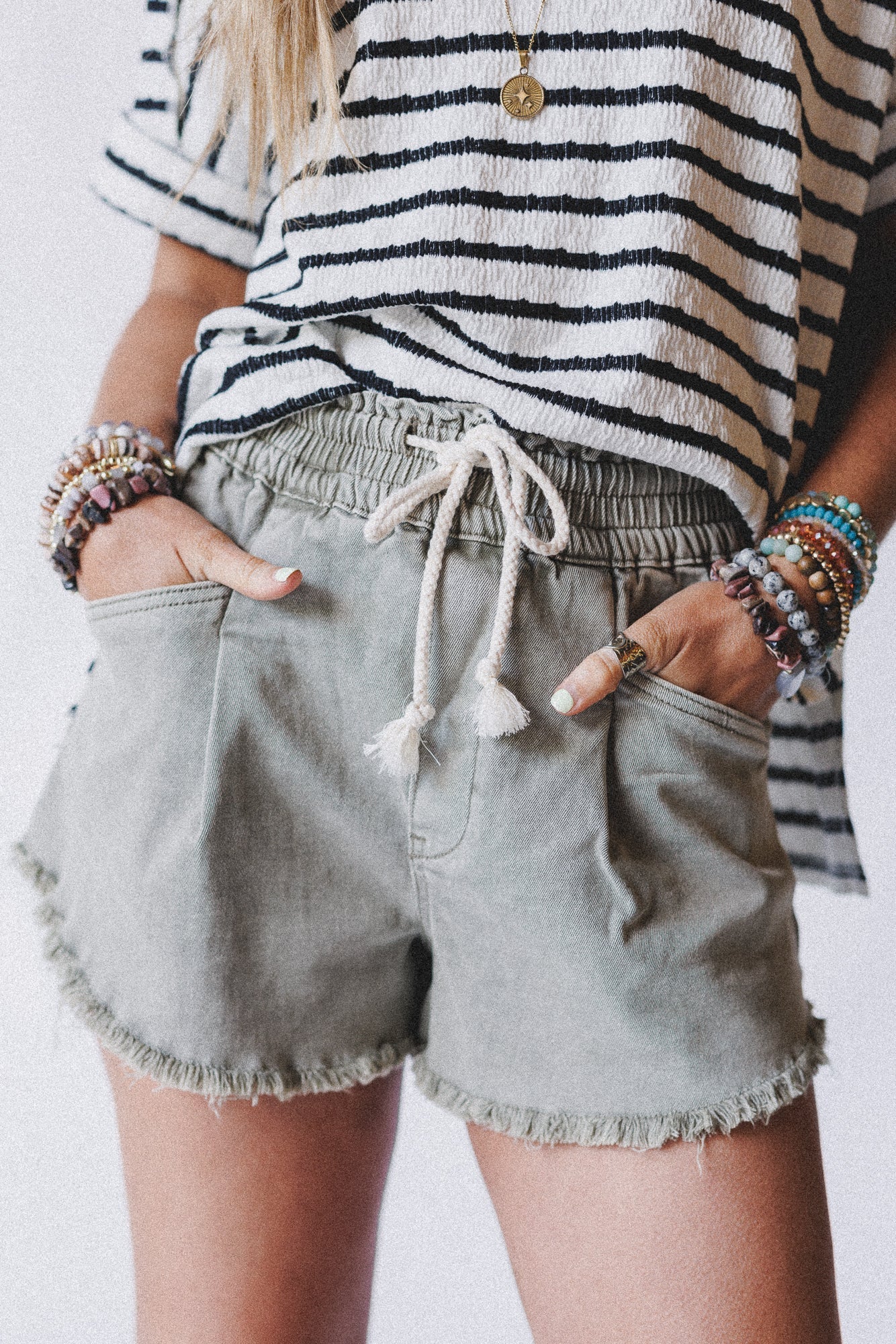 Open Sunroof Frayed Denim Shorts - Olive