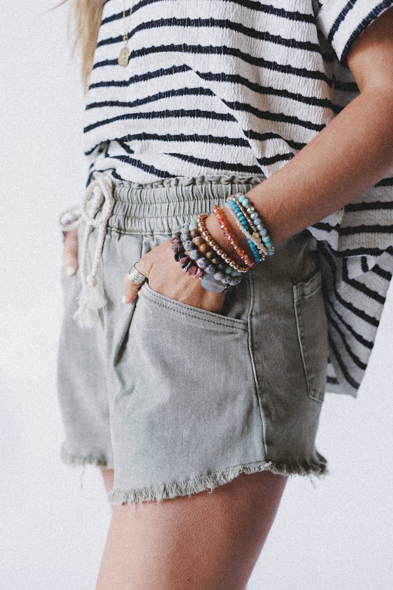 Open Sunroof Frayed Denim Shorts - Olive