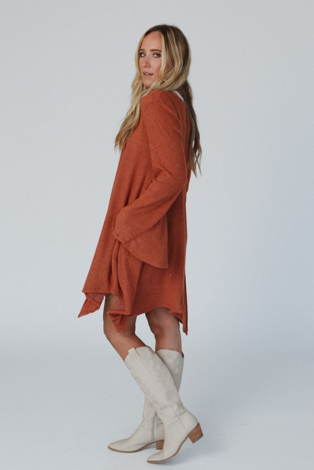 The Nest Golden Hour Long Bell Sleeve Tunic Dress - Rust