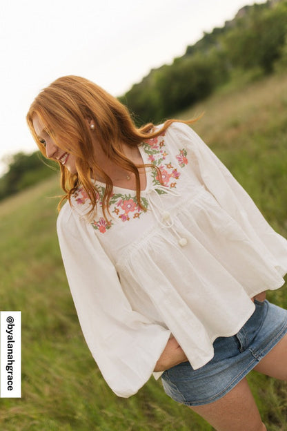 Whimsy Rose Embroidered Top - Ivory