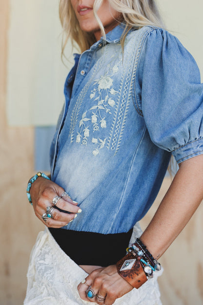 Western Luxe Embroidered Bodysuit - Medium Wash