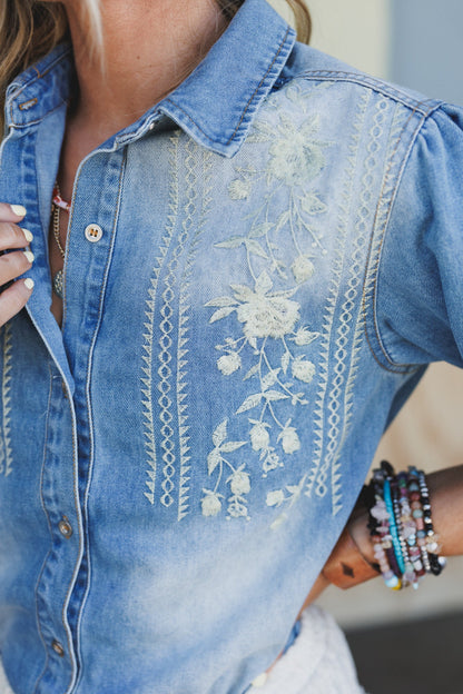 Western Luxe Embroidered Bodysuit - Medium Wash