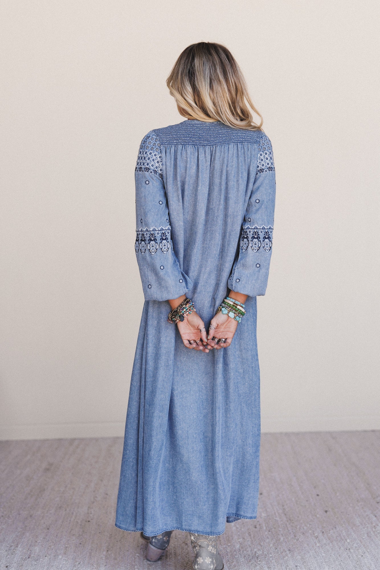 Bluegrass Button Embroidered Maxi Dress - Light Wash