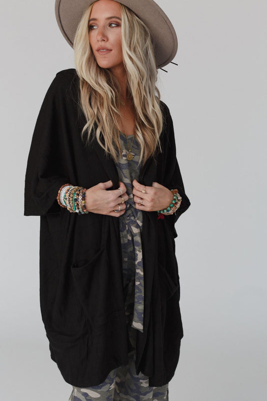 The Nest Boho Essential Hooded Ribbed Sweater - Black
