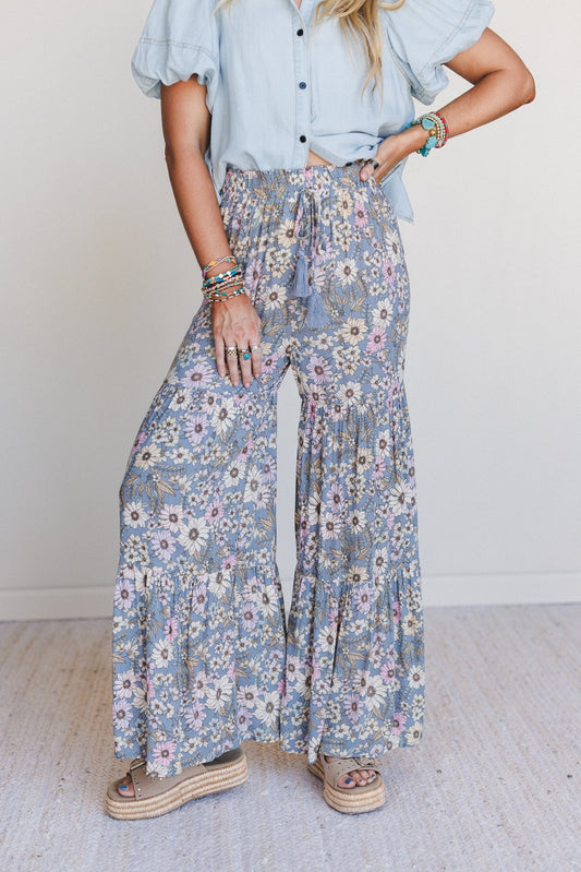 Botanic Drift Wide Leg Pants - Dusty Blue
