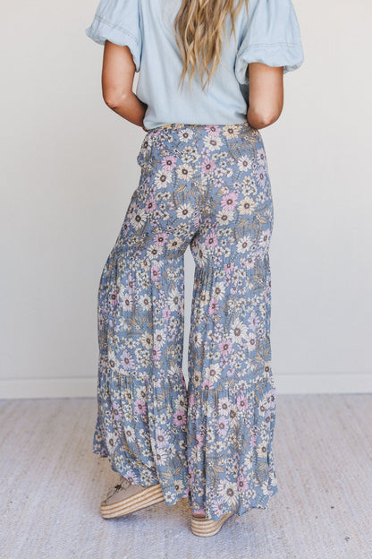 Botanic Drift Wide Leg Pants - Dusty Blue
