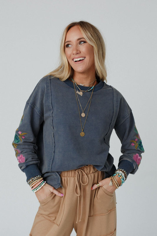 Floral Muse Embroidered Top - Blue