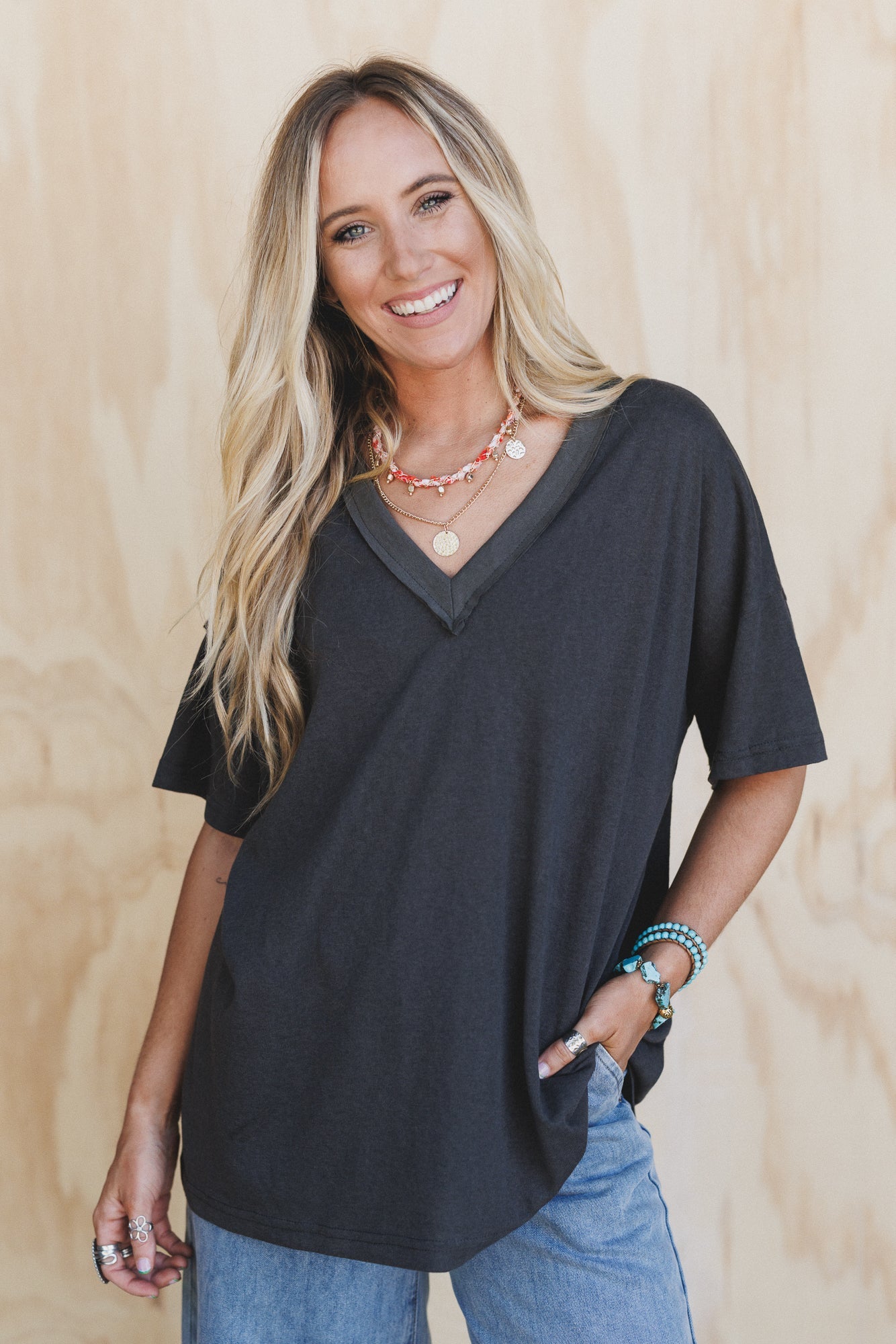 Tash V Neck Tee - Charcoal
