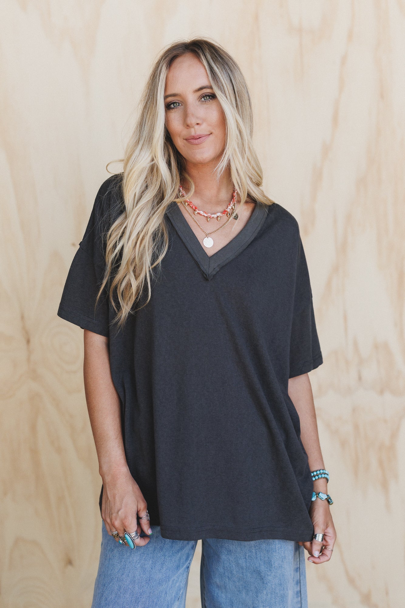 Tash V Neck Tee - Charcoal