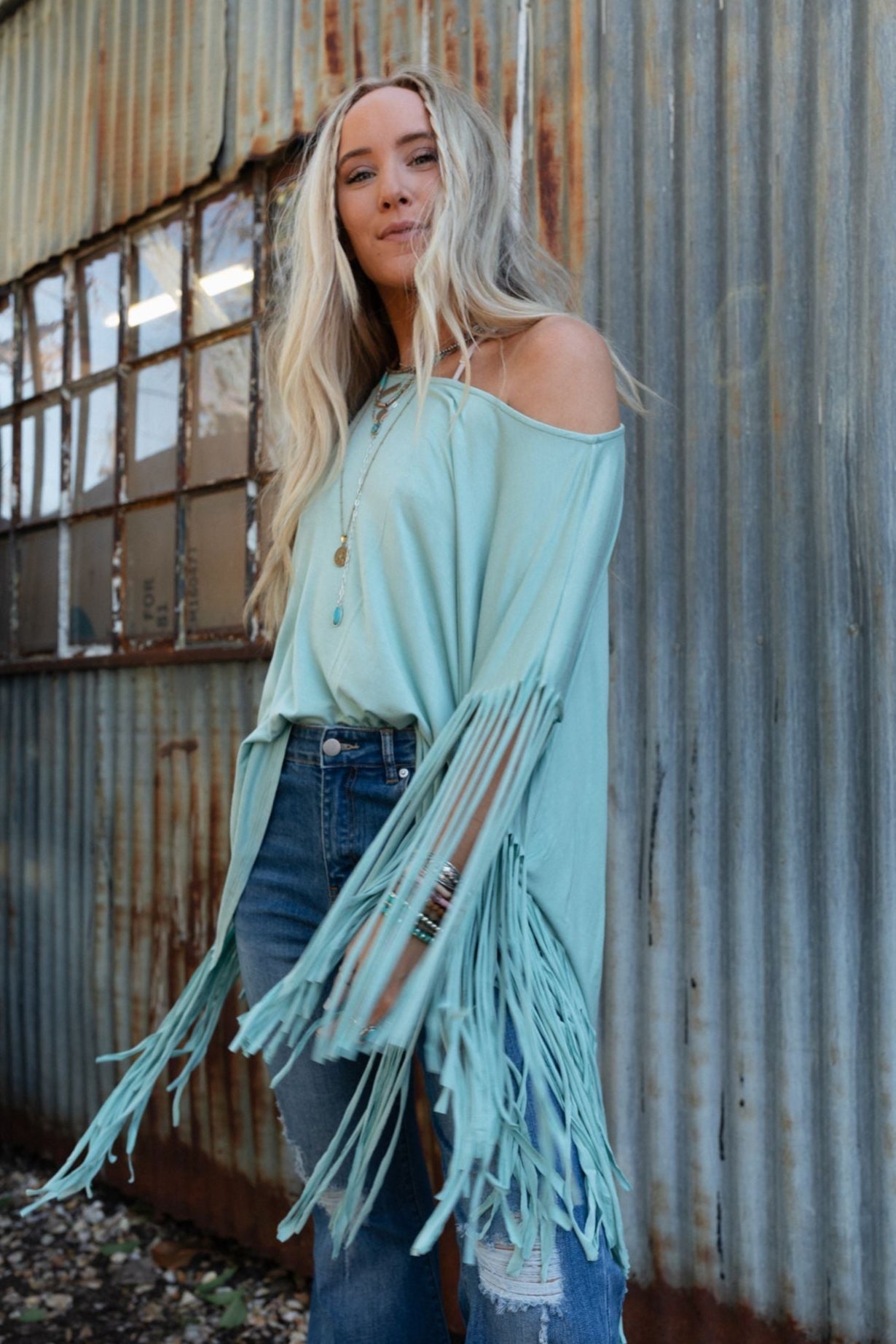 The Nest Showstopper Fringe Top - Washed Seafoam