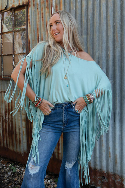 The Nest Showstopper Fringe Top - Washed Seafoam