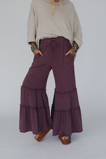 The Nest Milla Ruffled Wide Leg Pants - Burgundy