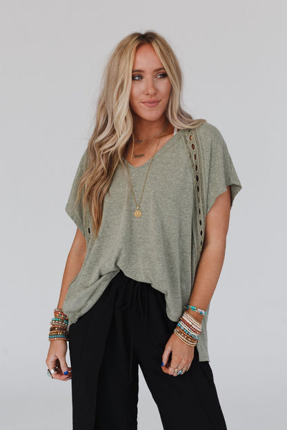 The Nest Camden Lace V Neck Top - Olive