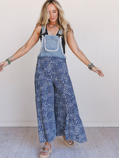 Sunset Paisley Tiered Overalls - Denim