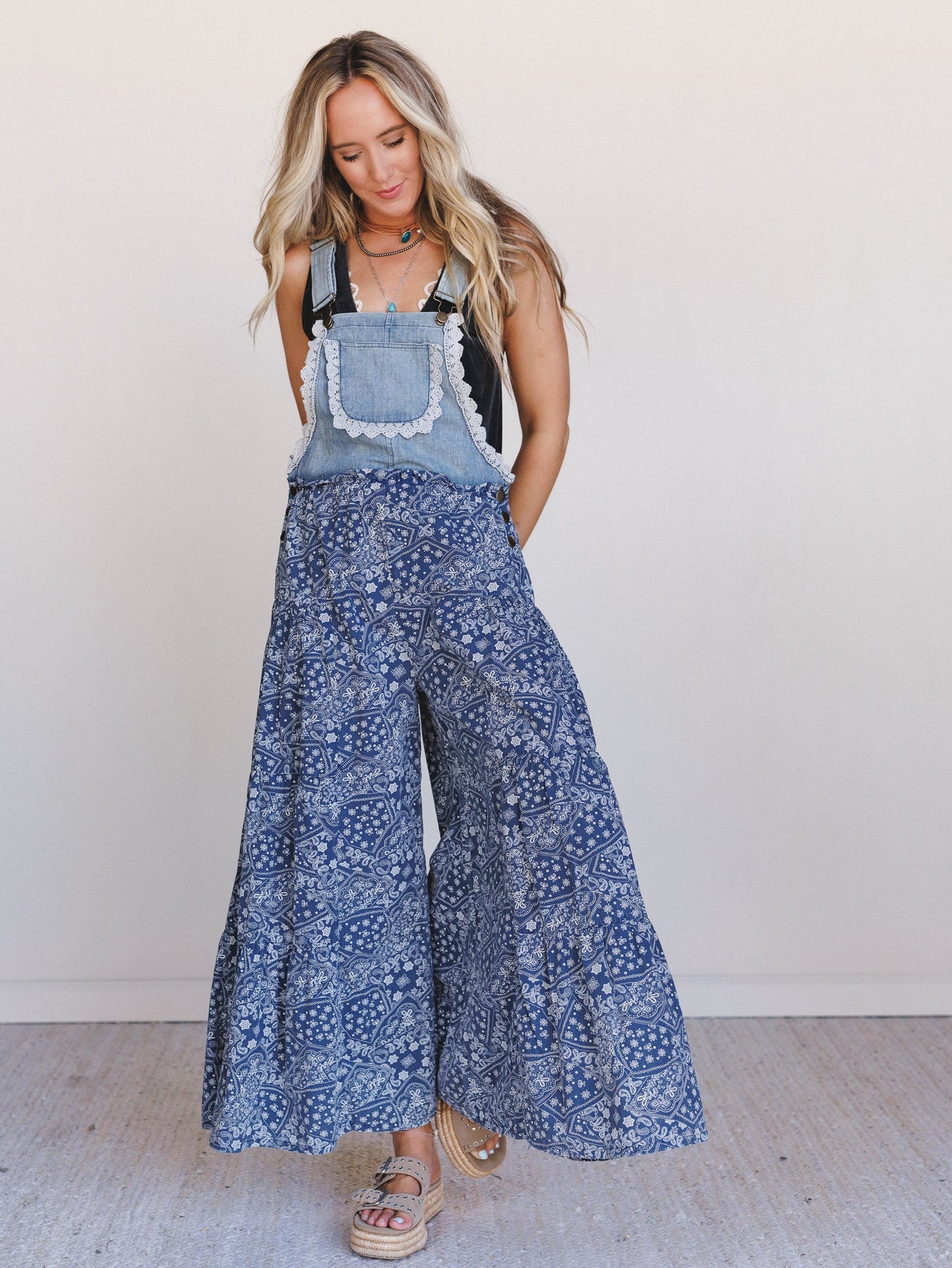 Sunset Paisley Tiered Overalls - Denim