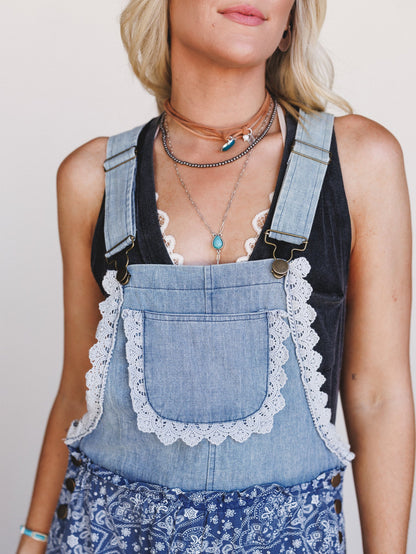 Sunset Paisley Tiered Overalls - Denim