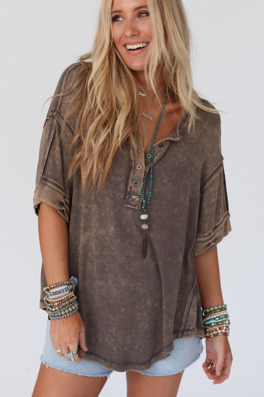 Time Flies Round Hem Top - Gray Brown