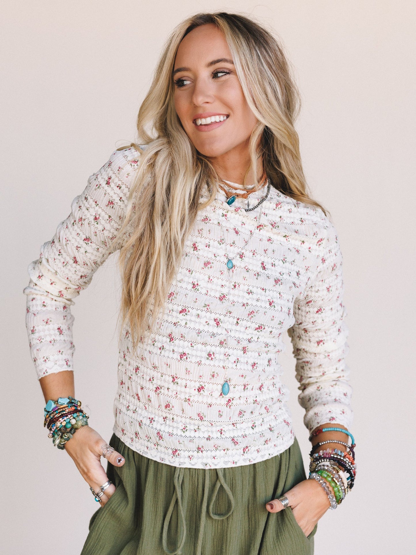 Peach Blossom Floral Top - Cream