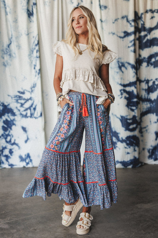 Kate Printed Wide Leg Pants - Blue