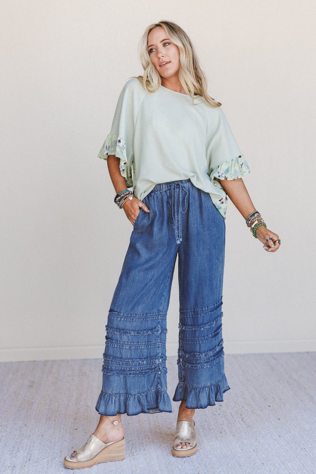 Endless Journey Ruffled Hem Pants - Blue