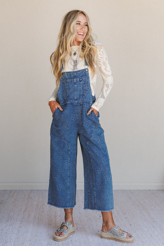 Chasing Horizons Flower Pattern Overalls - Washed Denim