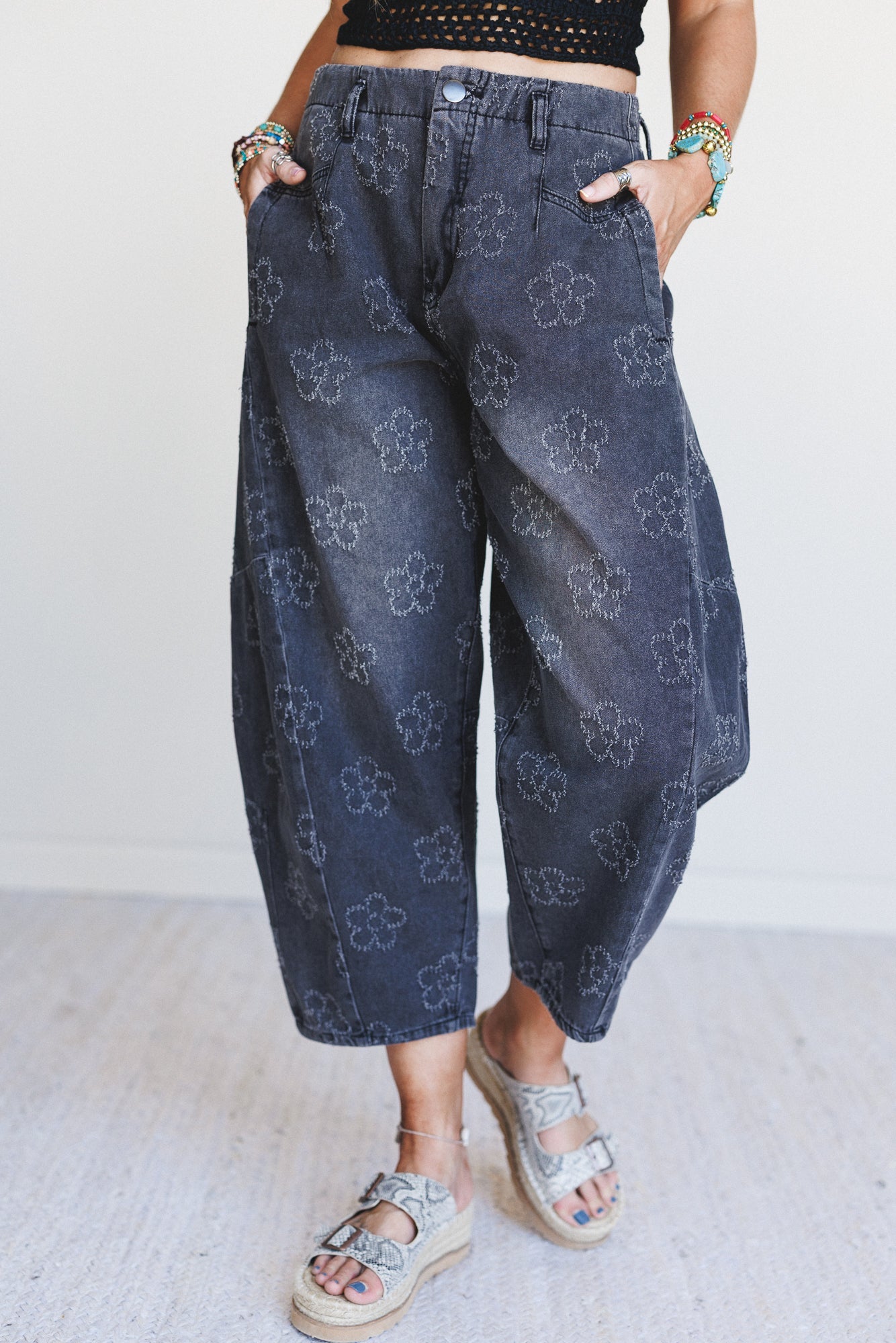 Blossom Trail Barrel Jeans - Black