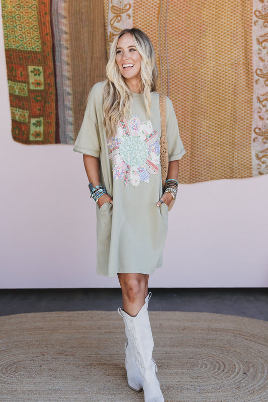 Purely Me Patchwork Tee Dress - Sage