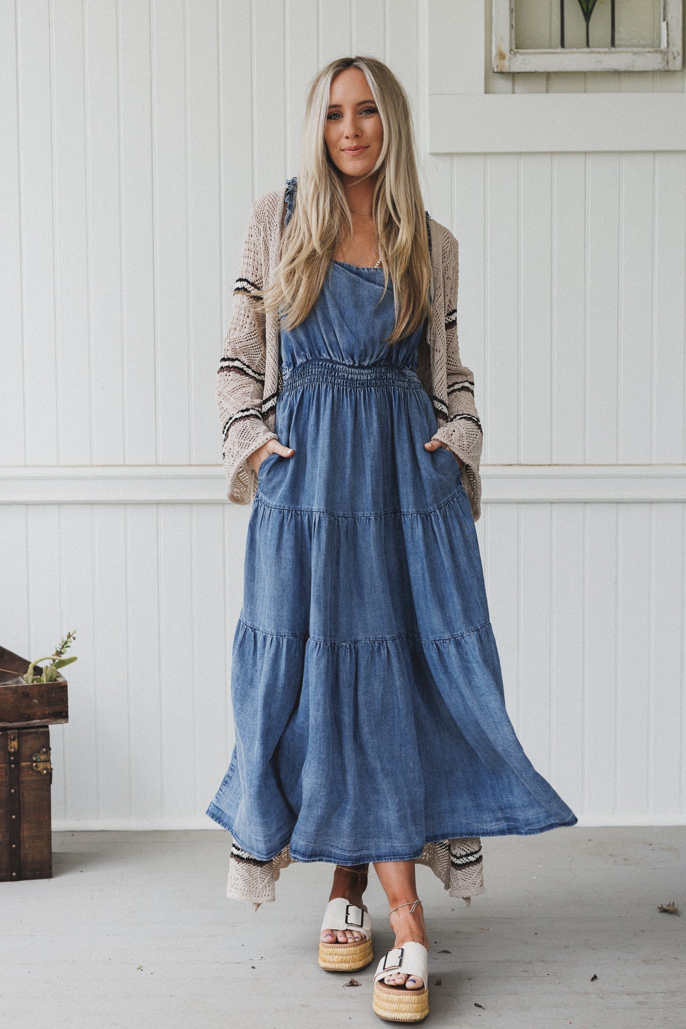 Swing By Tiered Maxi Dress - Washed Denim