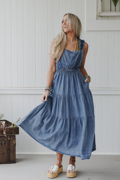 Swing By Tiered Maxi Dress - Washed Denim