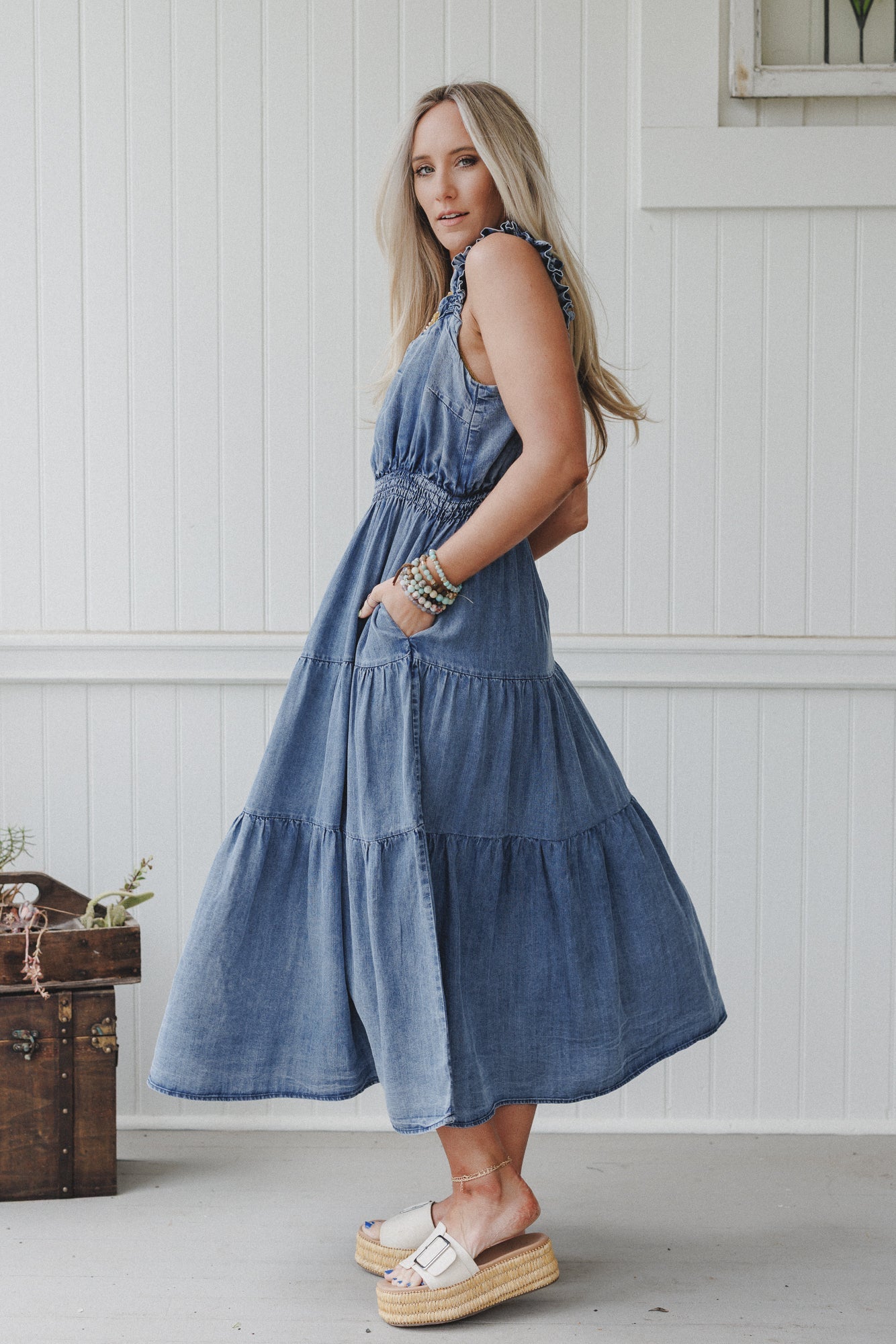 Swing By Tiered Maxi Dress - Washed Denim