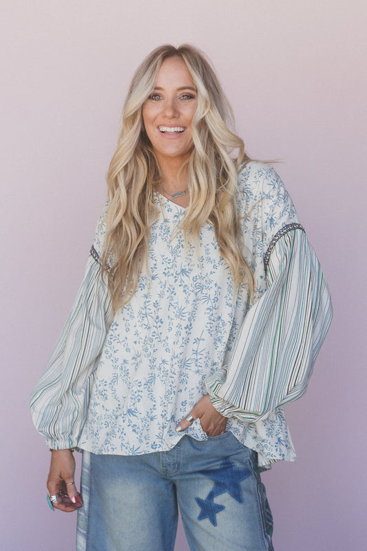 Prairie Lines Mix Print Top - Blue