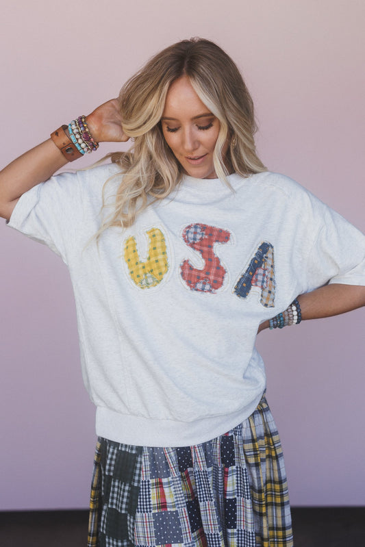 World Away USA Patchwork Top - Heather Gray