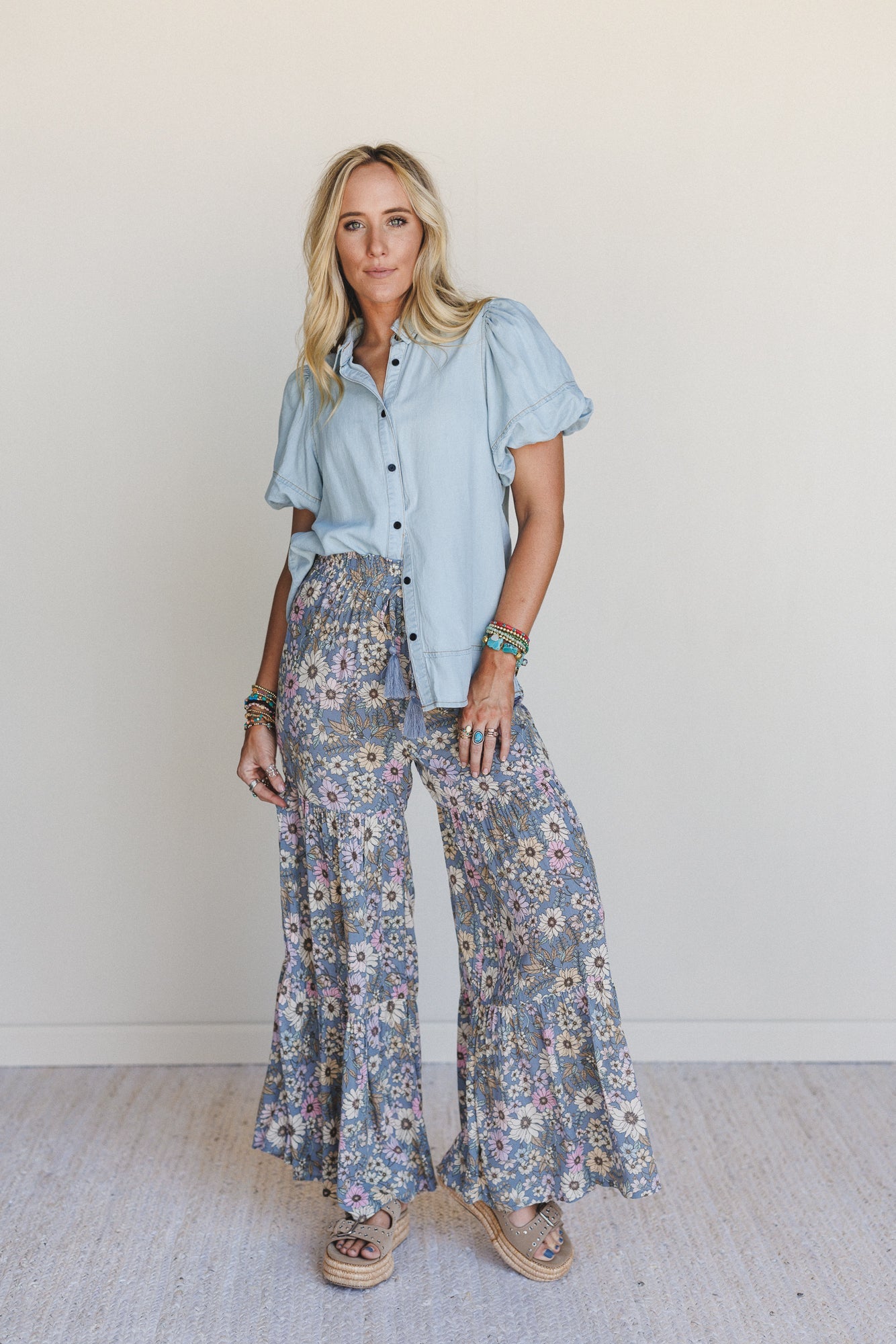 Botanic Drift Wide Leg Pants - Dusty Blue