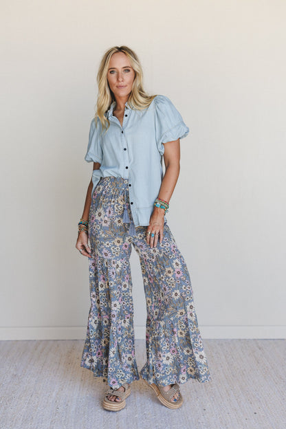 Botanic Drift Wide Leg Pants - Dusty Blue