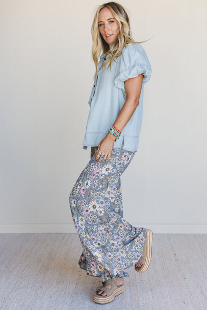 Botanic Drift Wide Leg Pants - Dusty Blue