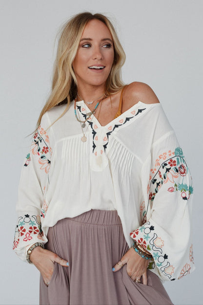 Frida Embroidered Dolman Sleeve Top - Ivory