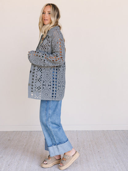 Marisela Crochet Button Down Top - Gray