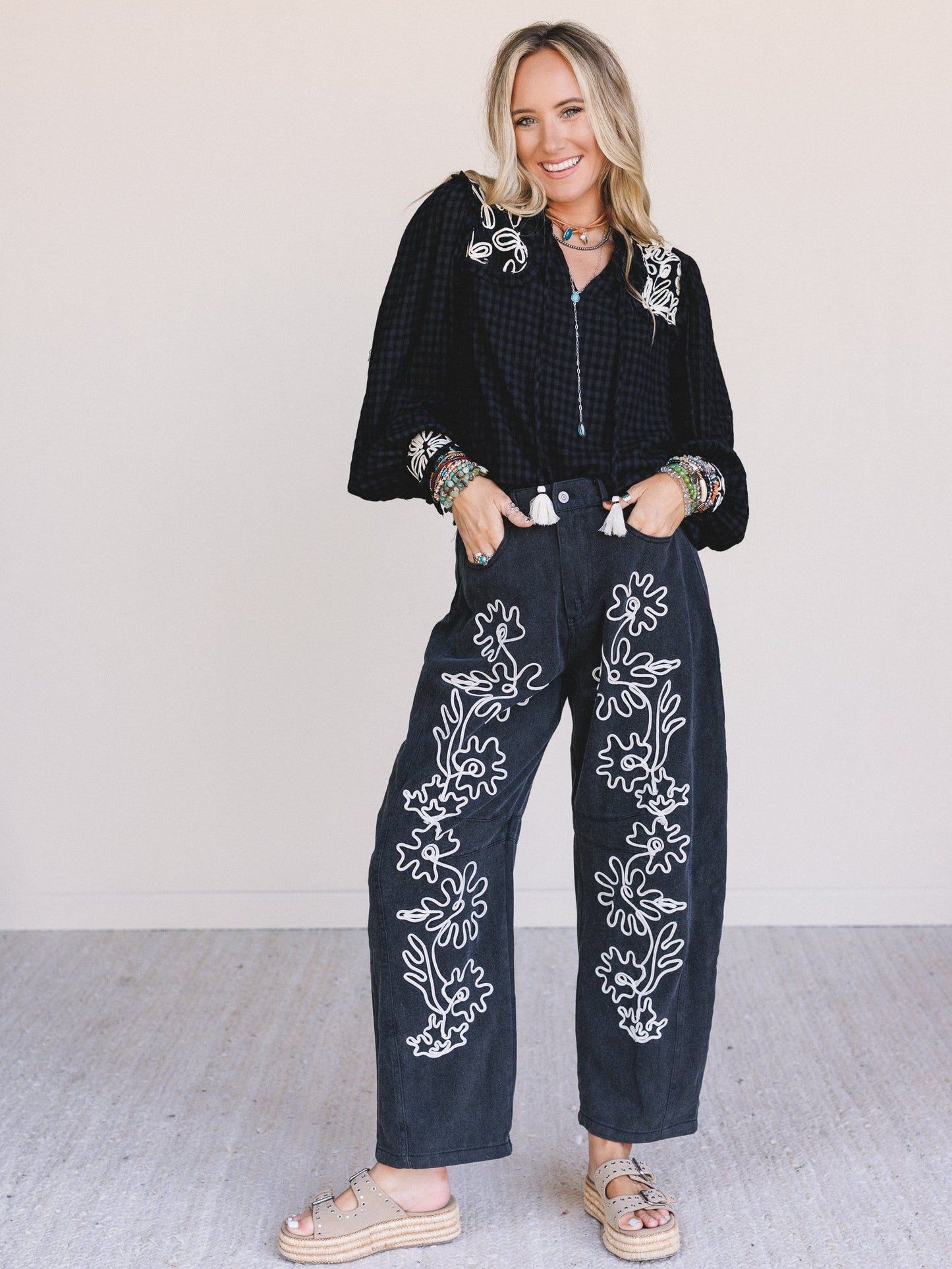 Steady Vibe Abstract Flower Pants - Black