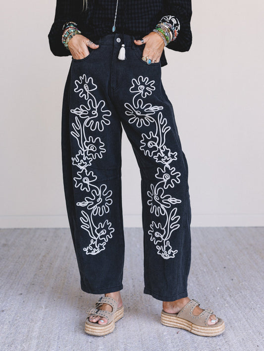 Steady Vibe Abstract Flower Pants - Black