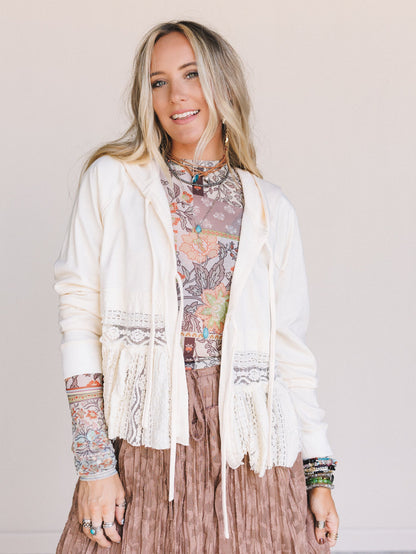 Charmed Heart Lace Hoodie Top - Cream