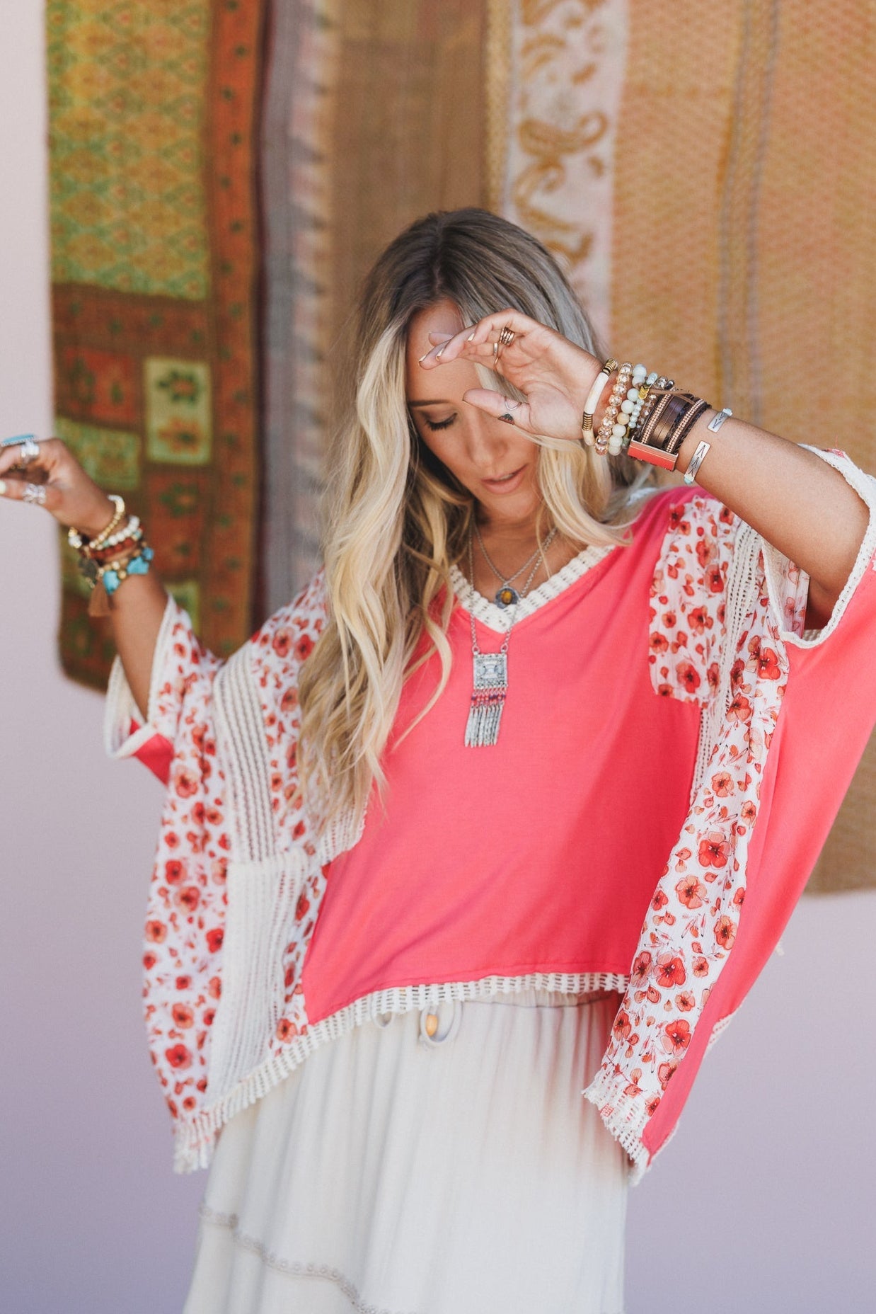 Floral Coast V Neck Top - Peach