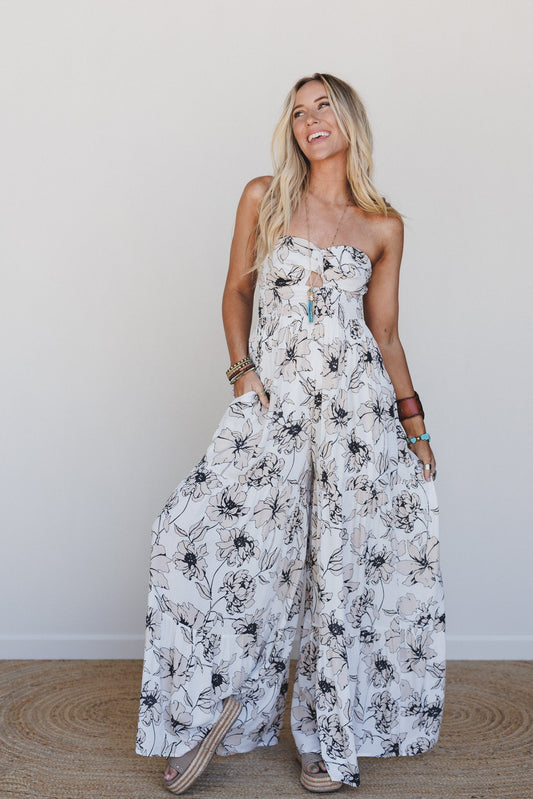 Eternal Bloom Tiered Wide Leg Jumpsuit - Beige Multi