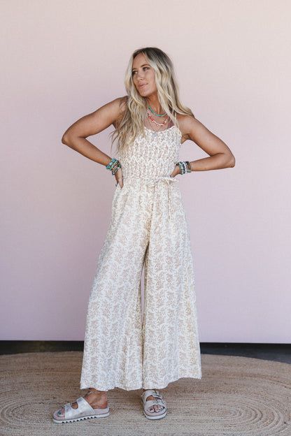 On The Move Floral Print Jumpsuit - Sand