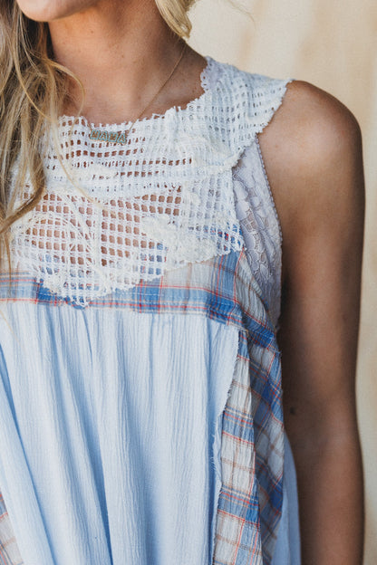 Plaid Meadow Mix Print Top - Blue