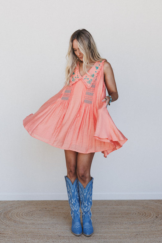 Lyona Embroidered Dress - Coral