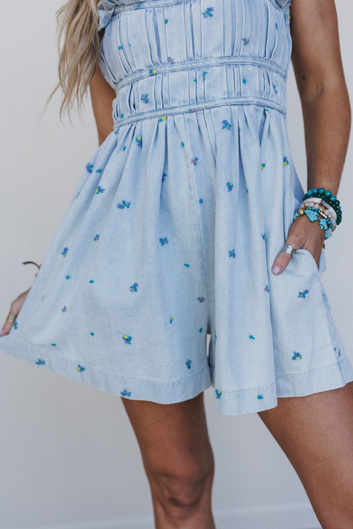 Selina Floral Denim Romper - Light Denim