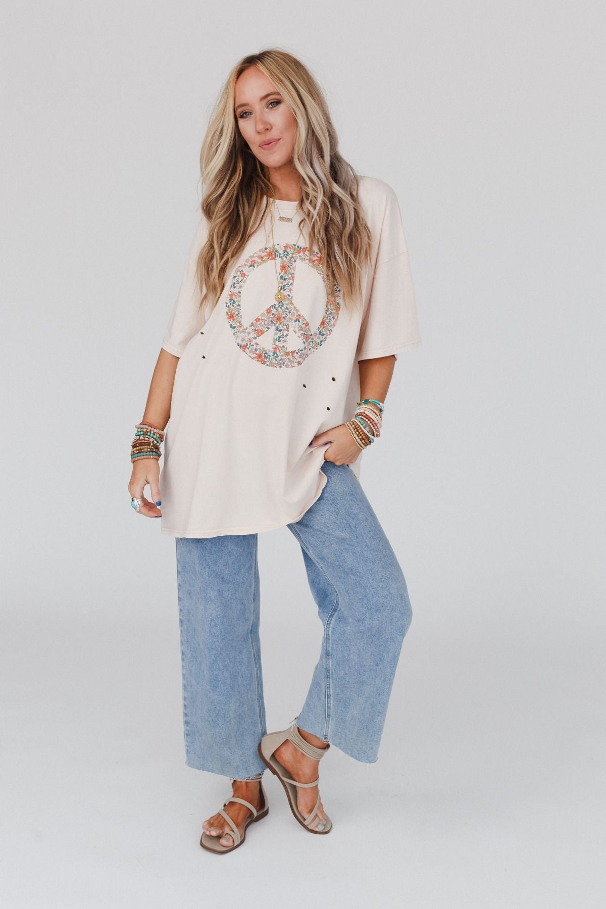 Jude Oversized Peace Sign Graphic Tee - Oatmeal