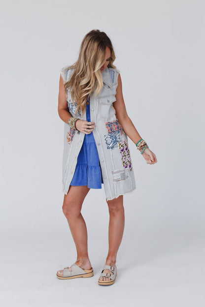 One Of A Kind Sleeveless Denim Dress Vest - Denim Multi