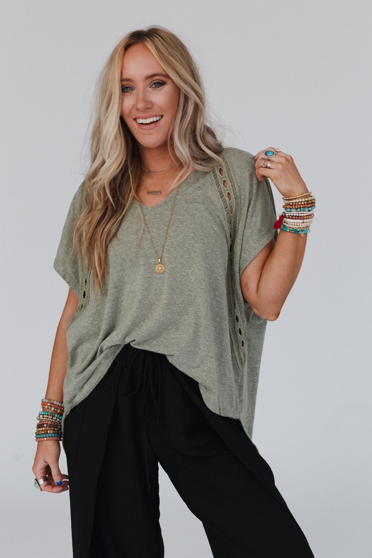 The Nest Camden Lace V Neck Top - Olive