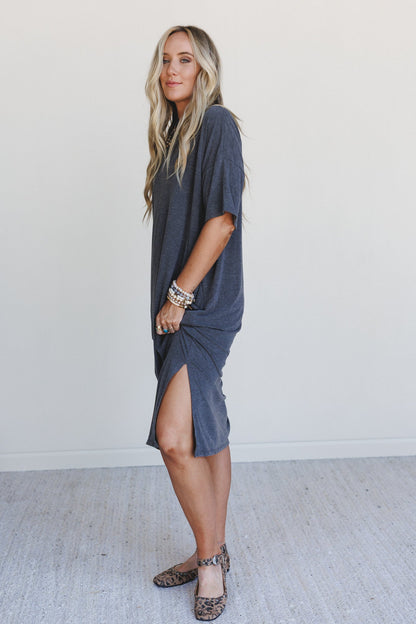 Hushed Glow Slit Midi Dress - Charcoal